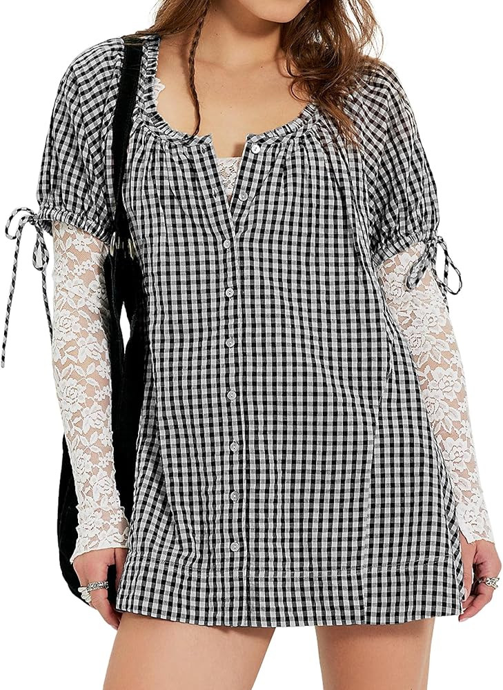 Womens Gingham Tunic Casual Puff Sleeve Pleated Scoop Neck Button Down Shirts Summer Tops Loose F... | Amazon (US)