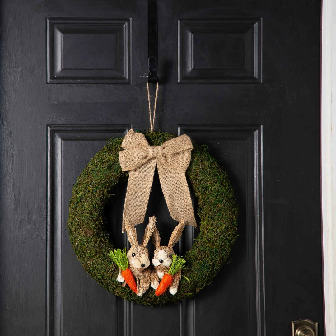 Sisal Bunny Rabbits Easter Wreath on Natural Moss & Burlap Bow - Etsy | Etsy (US)