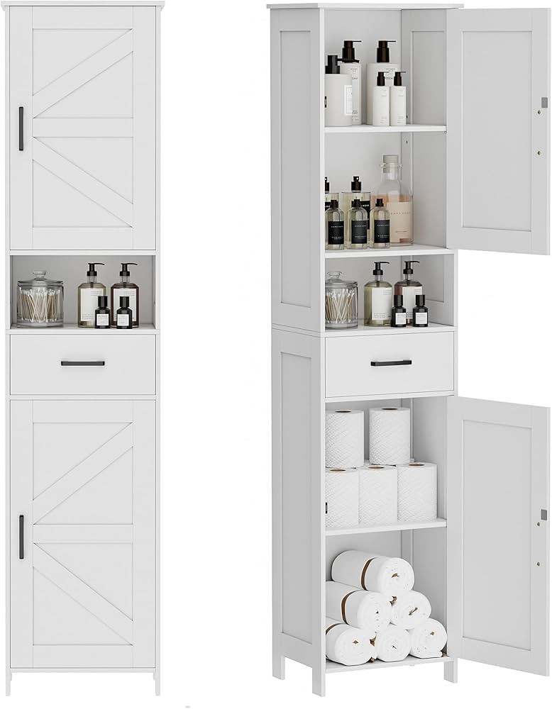 Homhedy 67" H Tall Bathroom Storage Cabinet with 2 Barn Doors and 1 Drawer, Narrow Storage Unit, ... | Amazon (US)