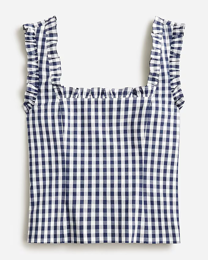 Ruffle-trim stretch cotton poplin top in gingham | J. Crew US