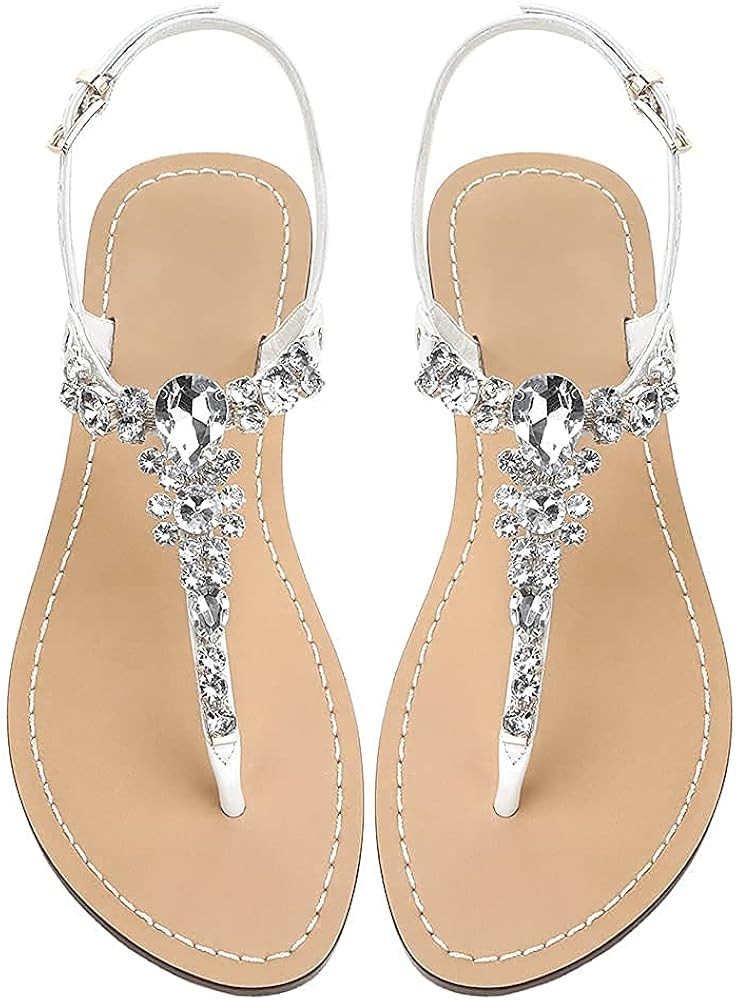 AIJIVOU Women's Rhinestone Flat Sandals, Women Flip Flops with Clip Toe RingBeadeed Rhinestone Cr... | Amazon (US)