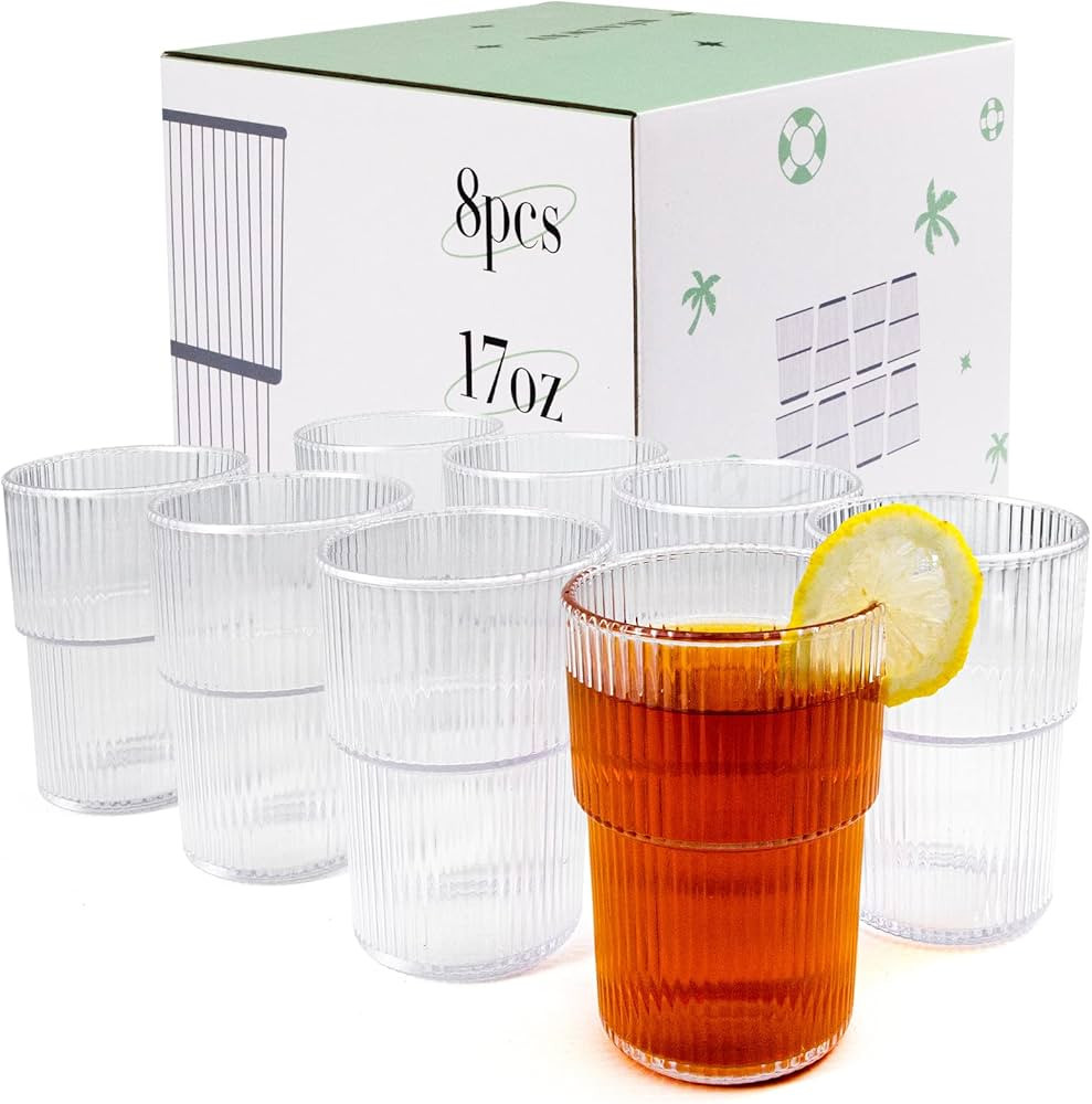 Plastic Tumblers, Unbreakable Ribbed Glasses,17OZ Origami Style Drinking Cup, Reusable Plastic Gl... | Amazon (US)