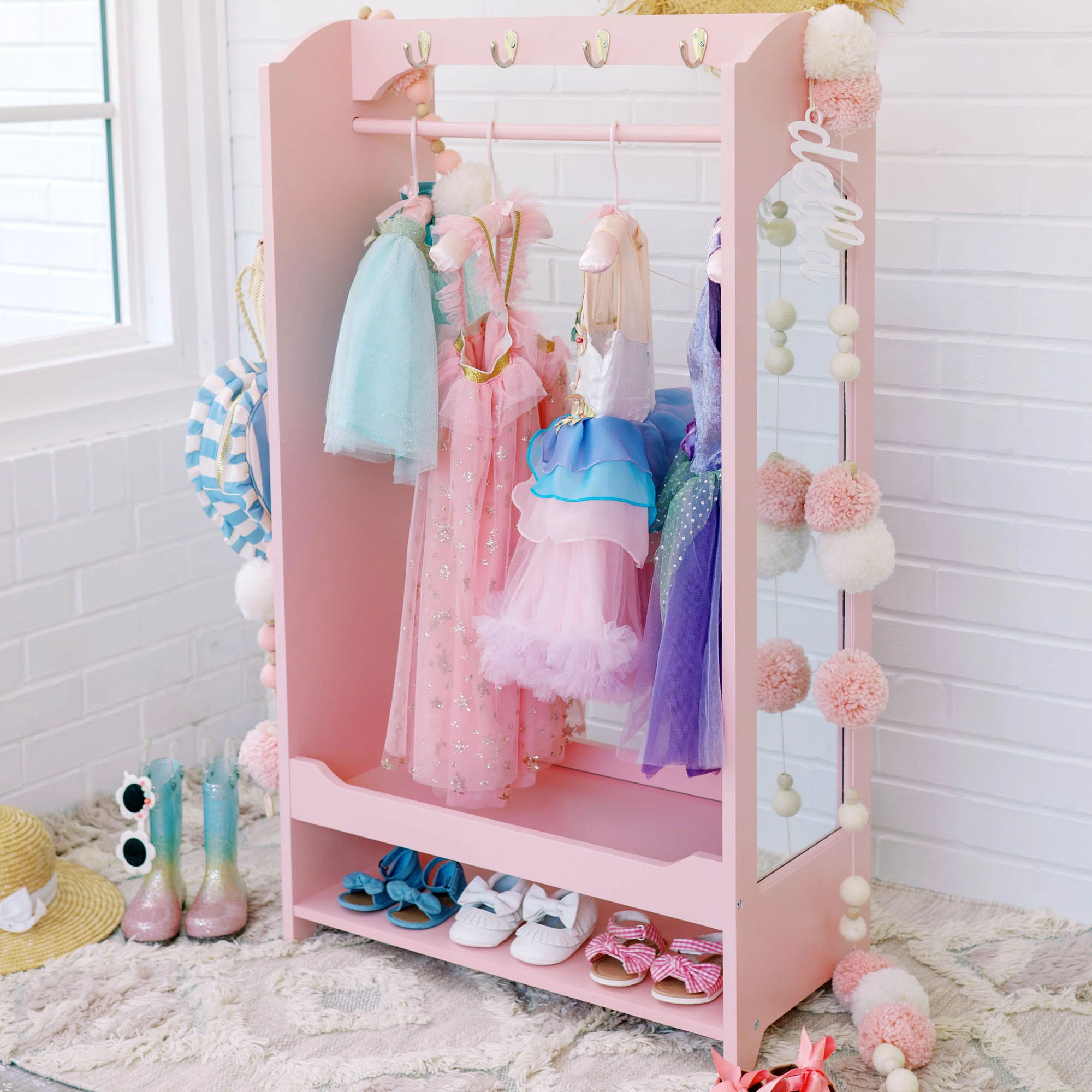 Teamson Kids Pink Wooden Open Armoire with Mirror | Wayfair North America