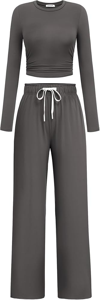 PINSPARK Women 2 Piece Lounge Set Long Sleeve Cropped Top Wide Leg Pants with Pockets 2024 Fall O... | Amazon (US)