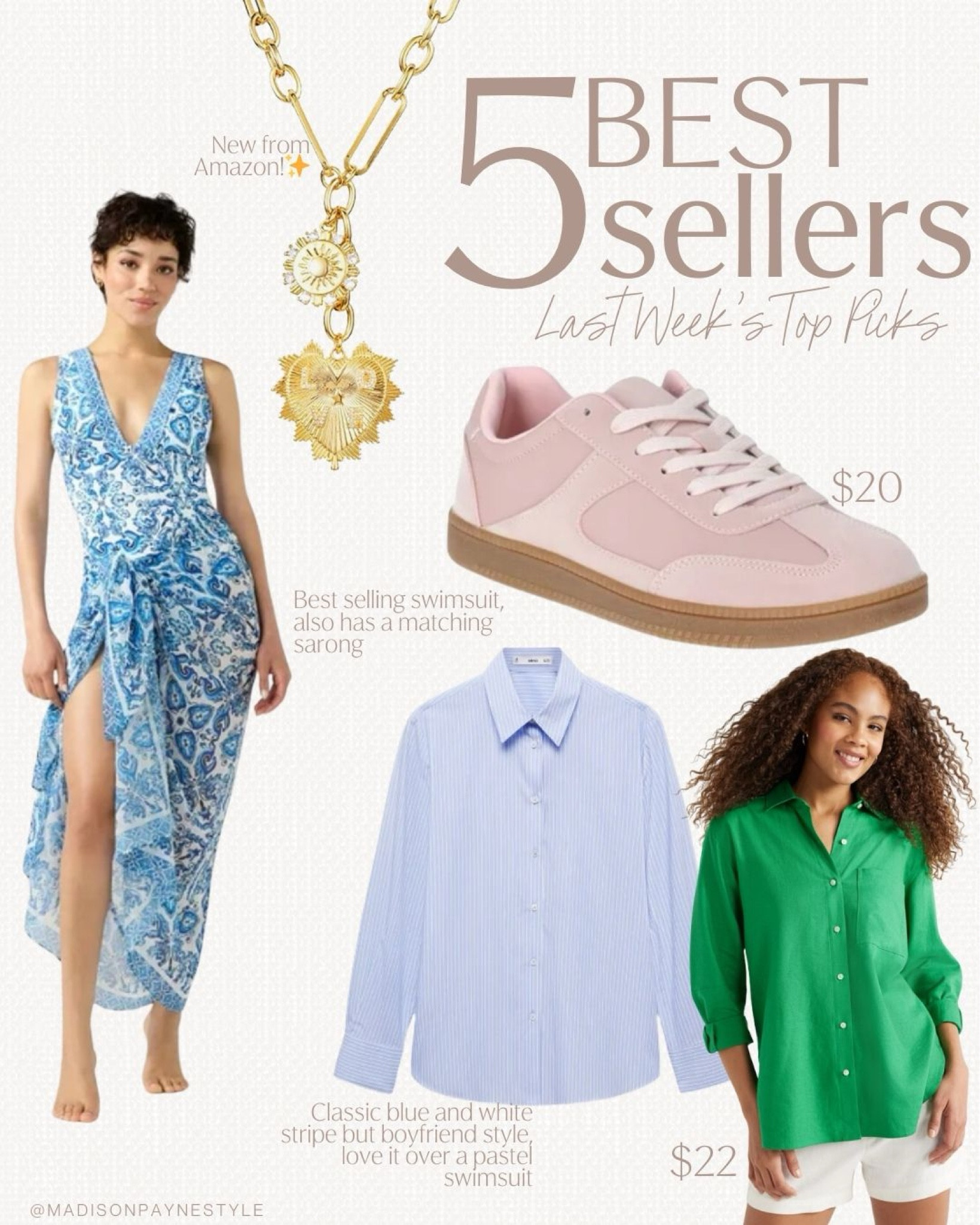 New Amazon heart necklace was a best seller last week 🥰 along with $20 Walmart sneakers, the swimsuit I styled as a bodysuit (it also has a matching sarong), and 2 button up tops, one is a blue and white classic stripe boyfriend style, and the green is $22 with a boxy fit

Best sellers, Amazon necklace, Amazon jewelry, Amazon accessories, sneakers, Walmart sneakers, swimsuit, Walmart swimsuit, Sofia vergara, button up tops, Madison Payne 

#LTKSeasonal #LTKStyleTip #LTKFindsUnder50