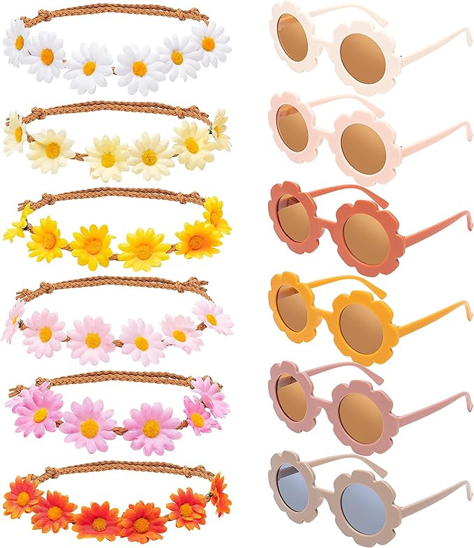 A1diee 12Pcs Groovy Retro Flower Sunglasses Headbands Party Favors Boho Hippie Round Flower Polar... | Amazon (US)