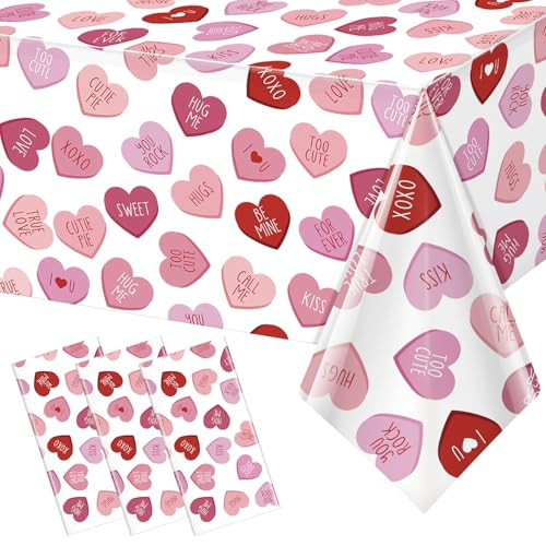 3 Pcs Valentines Day Tablecloth, Pink Love Heart Plastic Table Cover, Valentines Disposable Rectangle Table Cloth for Valentine’s Day Wedding Engagement Anniversary Party Decorations, 54 x 108 Inch | Amazon (US)