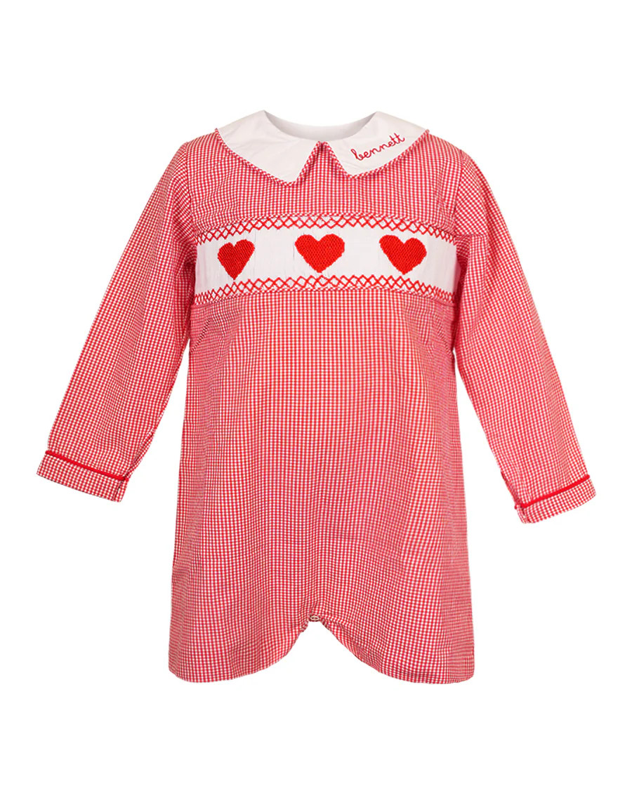Hearts Smocked Red Gingham Shortall | Smockingbird Kids