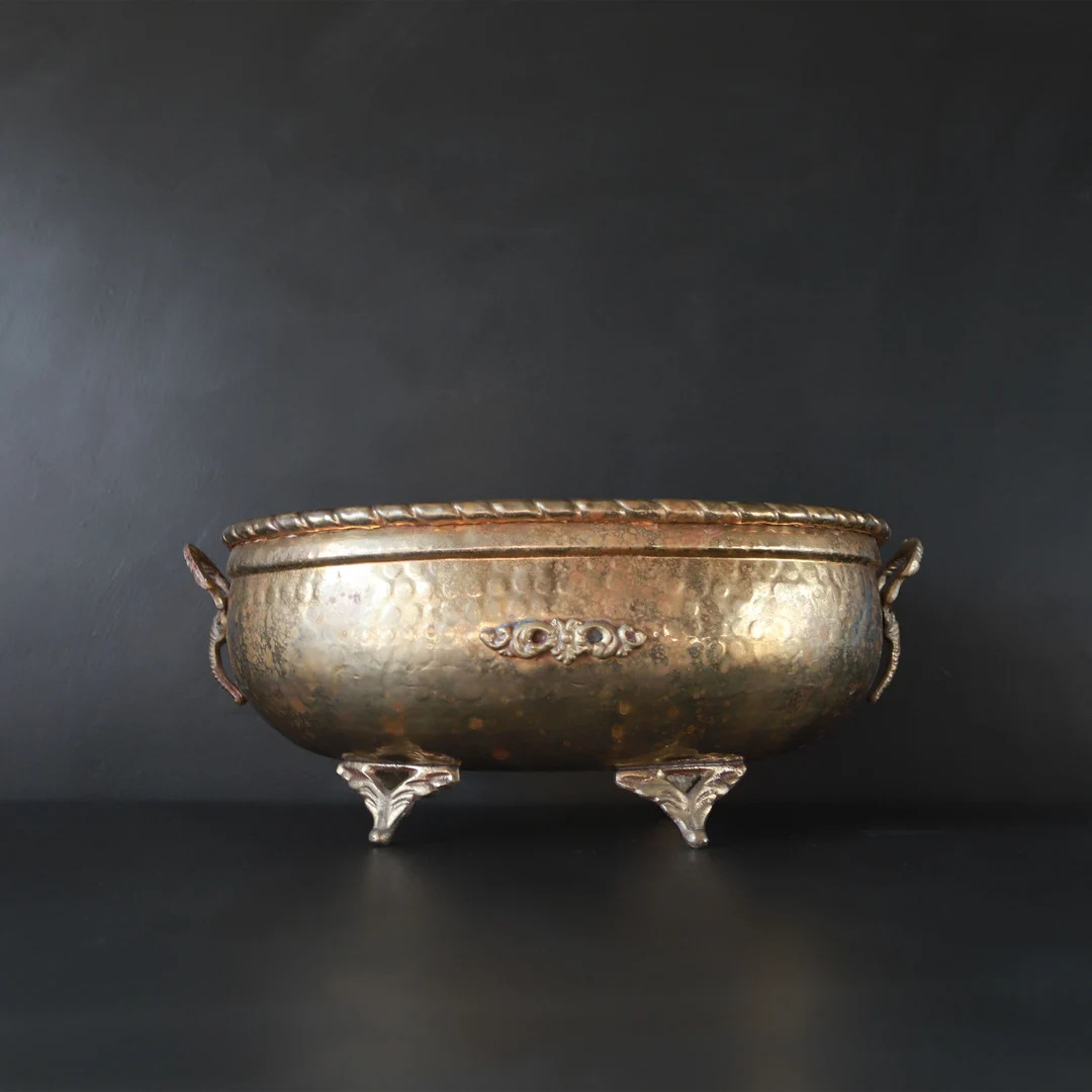 Scrolled Brass Planter Pot Vintage Hammered Metal Footed with Handles Oval Bowl 13 1/4" x 8 3/4" ... | Etsy (US)