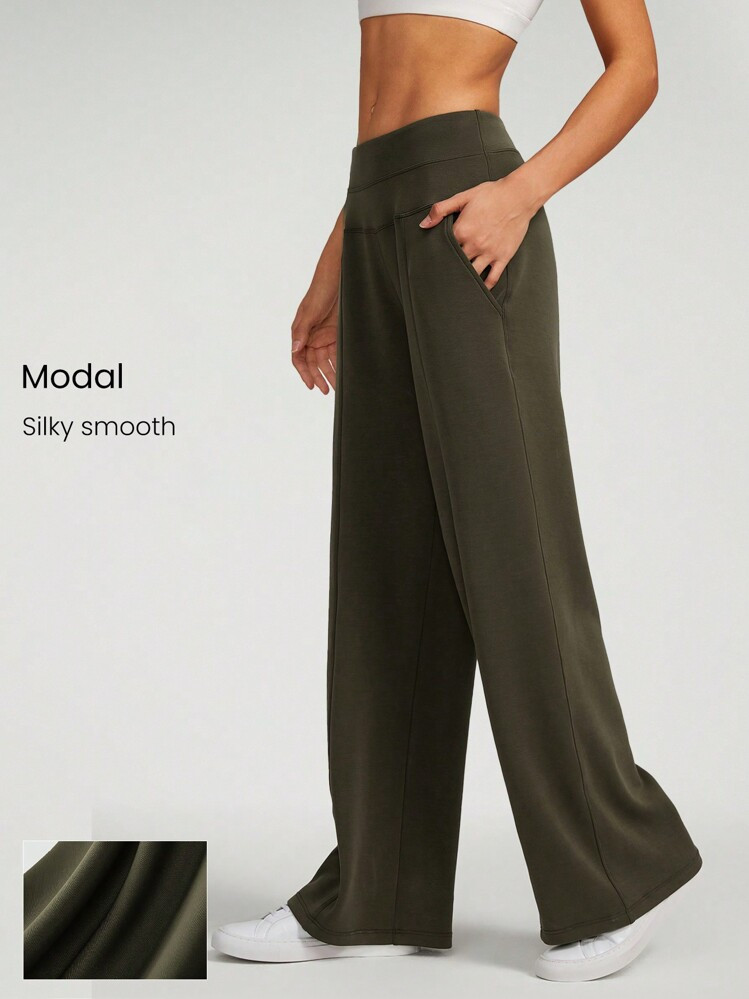 GLOWMODE Modal Silk Touch Wide Leg High Waist Lounge Pants With Side Pockets Daily Casual   Spring Summer | SHEIN