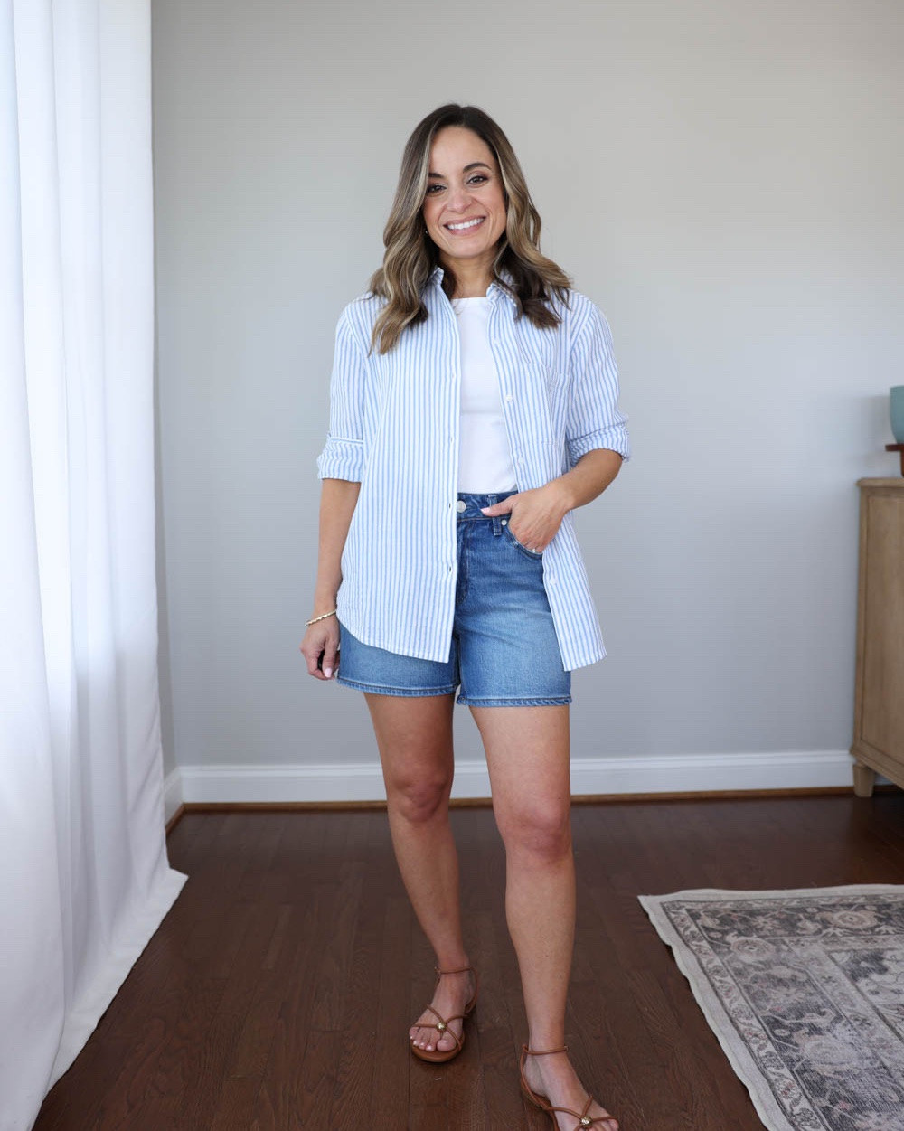 A few petite-friendly light blue casual tops for Summer!

Outfit 1:
100% Organic Cotton Gauze Long Sleeve Shirt (Quince): XS in Bayside Stripe
Bella Stretch Vintage Shorts (Quince): 24 in Atlantic Blue
White tank top (Quince): xs  
Sandals (Dolce Vita): true to size  

Outfit. 2:
Top (LOFT): petite xxs 
White Jeans (LOFT): petite 24 / 11” rise / 24.5” inseam 
Sandals (Dolce Vita): true to size

Outfit 3:
Yellow shorts (Banana Republic Factory): xxs 
Striped tank top (LOFT): xxs 
Sandals (Dolce Vita): true to size

My measurements for reference: I’m 4’10” and 105lbs. My bust, waist, and hip measurement is 32”, 24”, and 36”.

#LTKSeasonal #LTKSaleAlert #LTKPetite