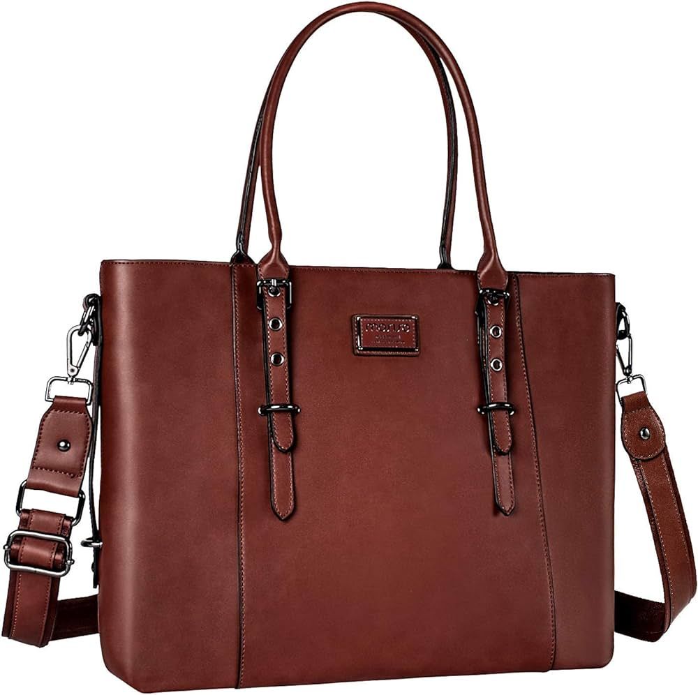 MOSISO PU Leather Laptop Tote Bag for Women (17-17.3 inch), Brown | Amazon (US)