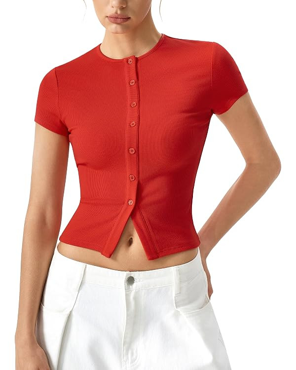 QINSEN Women's Crewneck Short Sleeve T Shirts Ribbed Button Going Out Trendy Tops | Amazon (US)