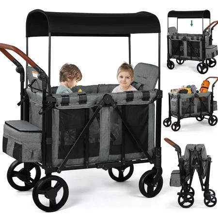 Vomeast Wagon Stroller for 2 Kids, 3-in-1 Outdoor Baby Stroller Wagon with Canopy, 5-Point Harness, Adjustable Handlebars, Removable Seat for Toddlers, Grey | Walmart (US)