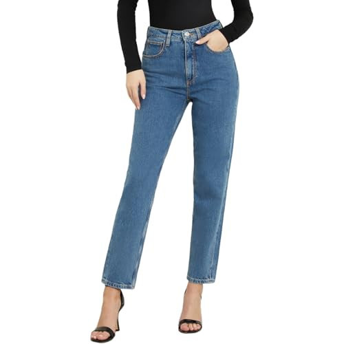Guess Women's Mom Jean, Jeans for Women, Super High-Rise, Relaxed Fit and Straight Leg, Authentic Mid, 24 | Amazon (US)