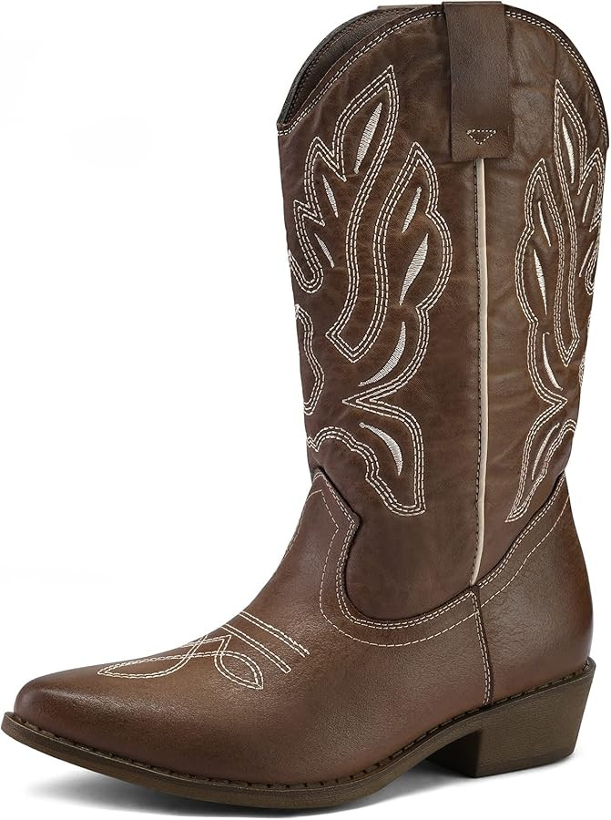 mysoft Women's Western Cowboy Boots Embroidered Mid-Calf Pointed Toe Cowgirl Boot | Amazon (US)