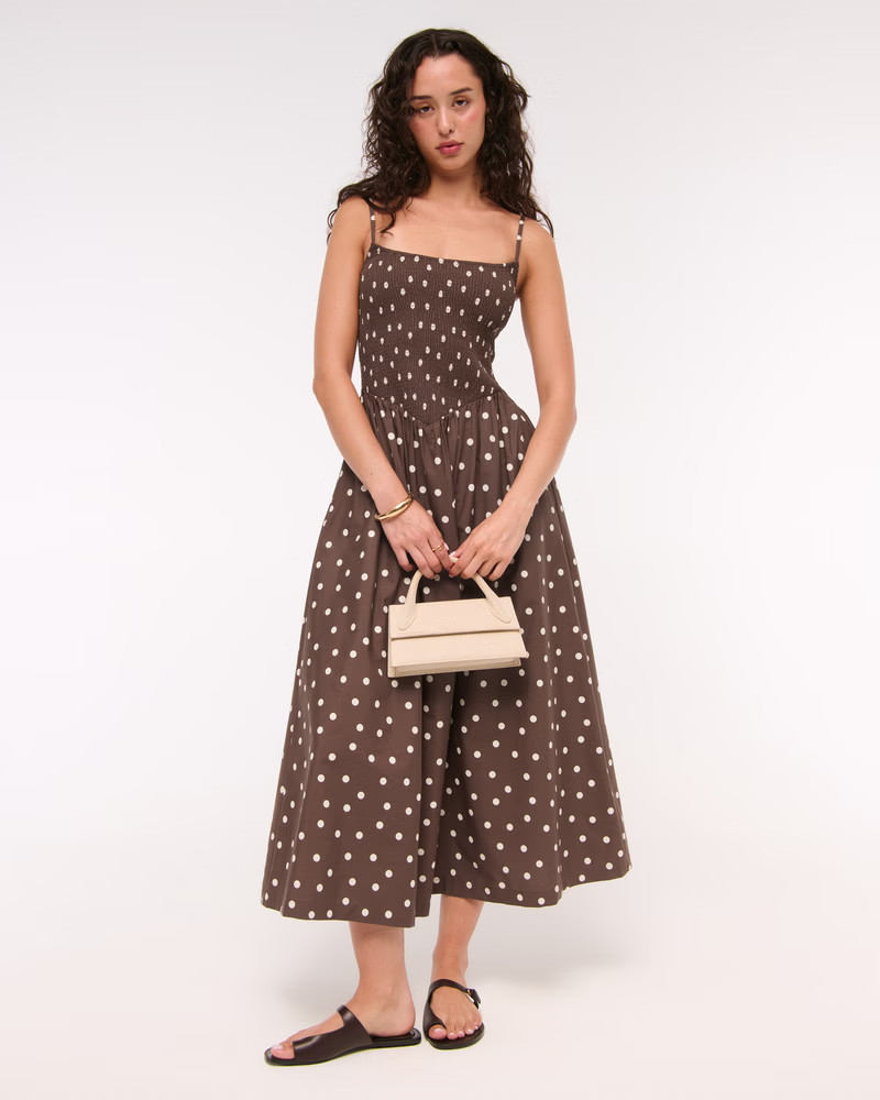 Dipped-Waist Smocked Midi Dress | Abercrombie & Fitch (US)