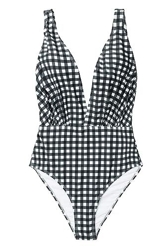 CUPSHE Women's Black White Gingham Print Plunging One Piece Swimsuit | Amazon (US)