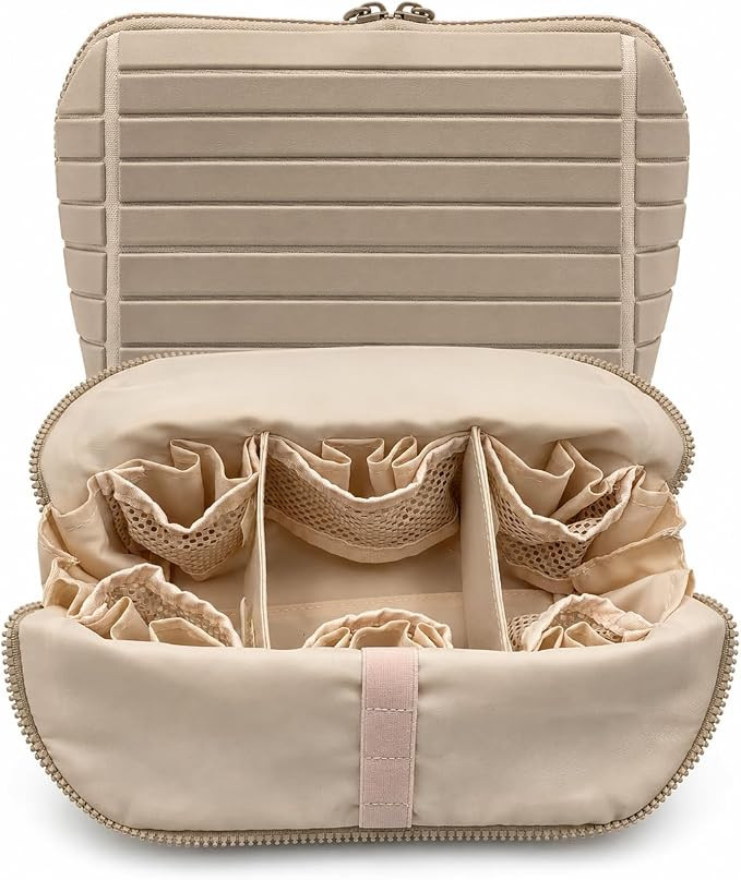 Travel Makeup Bag for Women, Fold Down Stand-Up Striped Makeup Organizer with Adjustable Dividers... | Amazon (US)