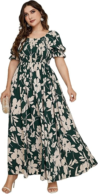 MakeMeChic Women's Plus Size Boho Casual Dress Floral Short Sleeve Shirred Square Neck Maxi Floma... | Amazon (US)