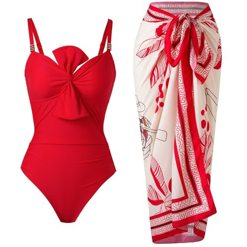 One Piece Swimsuit for Women with Cover Up Set Retro Bathing Suit Tummy Control Knot Swimwear Beach Wrap Skirt Red | Amazon (US)