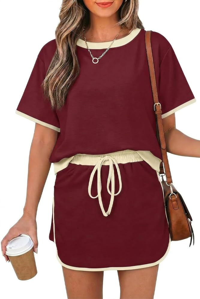 Womens 2 Piece Skort Set 2026 Color Block Short Sleeve Top Drawstring Skort Matching Sets Casual ... | Amazon (US)