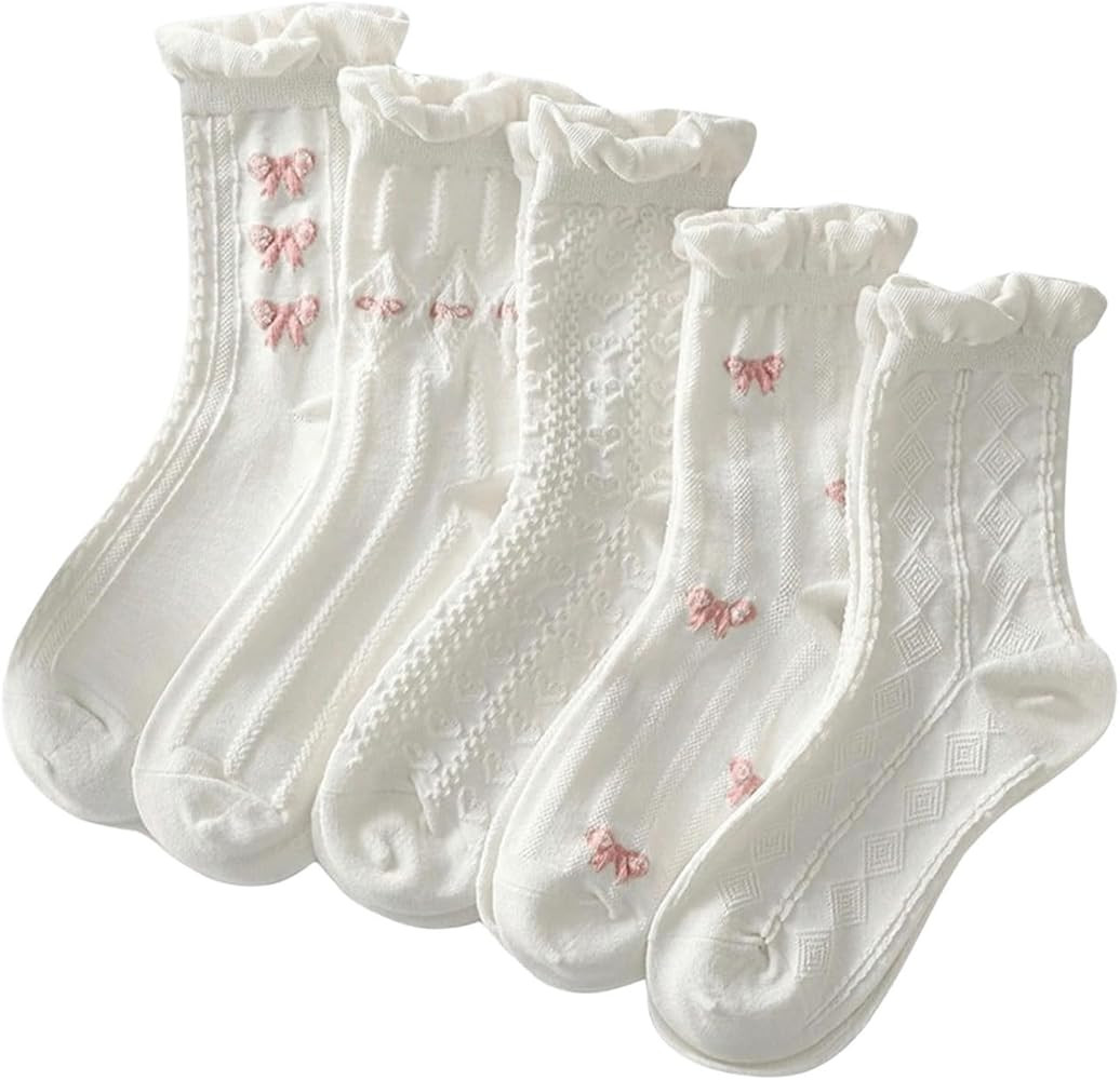 SHENHE Women's 5 Pairs Cute Ruffle Frilly Crew Socks Bow Print Knitted Mid Calf Socks | Amazon (US)