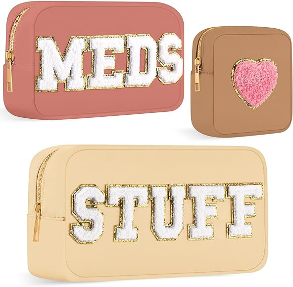 3 Pcs Preppy Makeup Bag Chenille Letter Nylon Cosmetic Bags Travel Varsity Letter Skin Stuff Bag ... | Amazon (US)