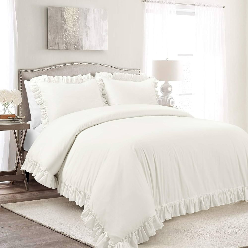 Lush Decor Reyna Ruffle 100% Cotton Duvet Cover Set - 3 Piece Cozy Ruffled Bedding Set - Timeless... | Amazon (US)