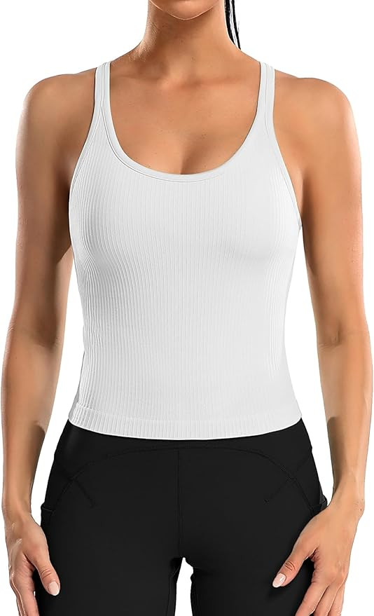 ATTRACO Women Ribbed Workout Crop Tops with Built in Bra Yoga Racerback Tank Top Tight Fit | Amazon (US)