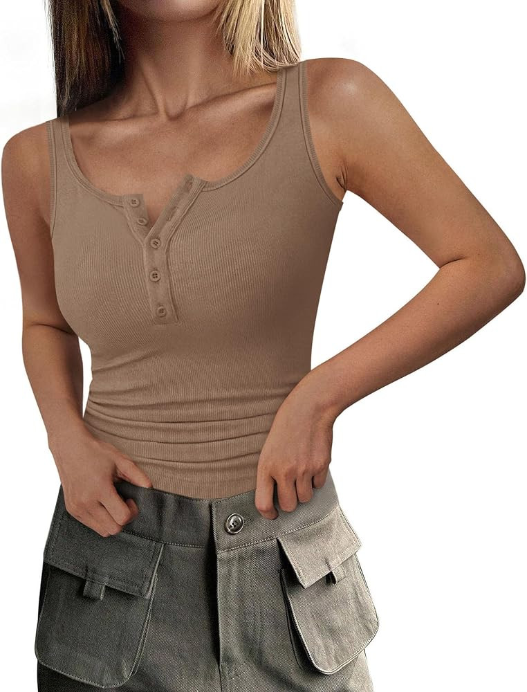 PRETTYGARDEN Womens 2026 Summer Tank Tops Ribbed Knit Slim Fit Sleeveless Henley Shirts Casual Ba... | Amazon (US)