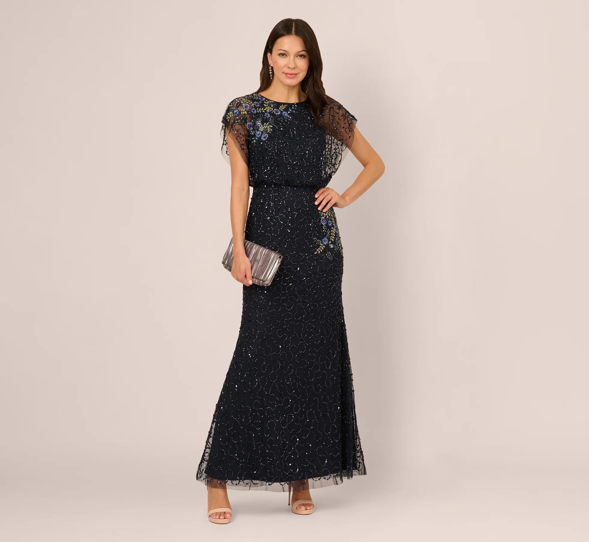 Short Sleeve Beaded Floral Embroidery Gown In Midnight Multi | Adrianna Papell
