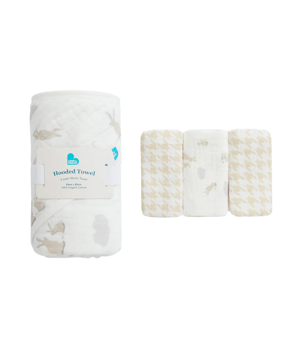 Baby Bath Bundle | Hooded Towel, Wash Cloth | Cloud Bunnies | Love to Dream