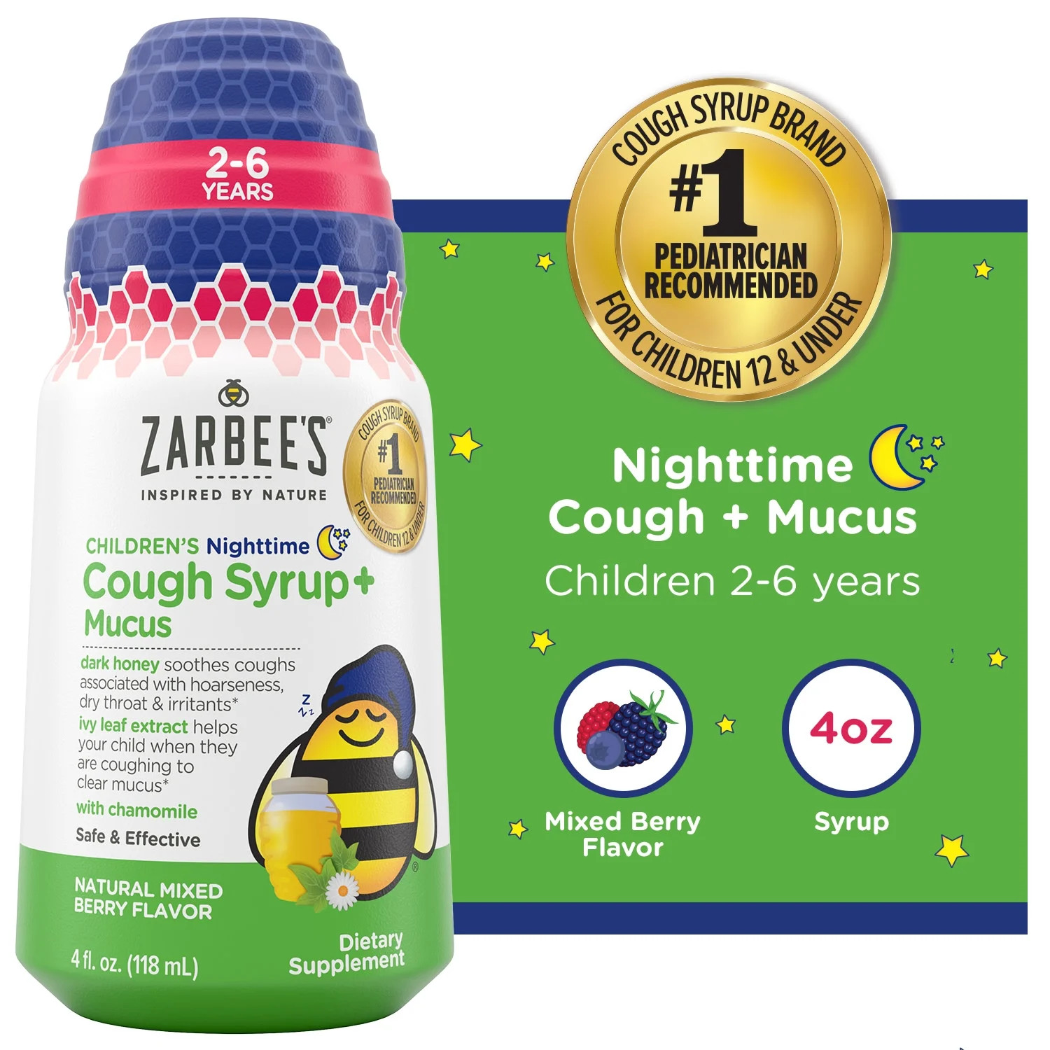 Zarbee's Children's Nighttime Cough Syrup + Mucus, Berry, 4 fl. oz | Walmart (US)