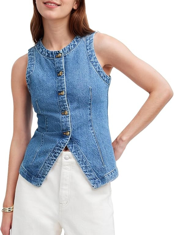 Women's Denim Vest Sleeveless Button Down Casual Jean Crewneck Waistcoat Denim Top | Amazon (US)
