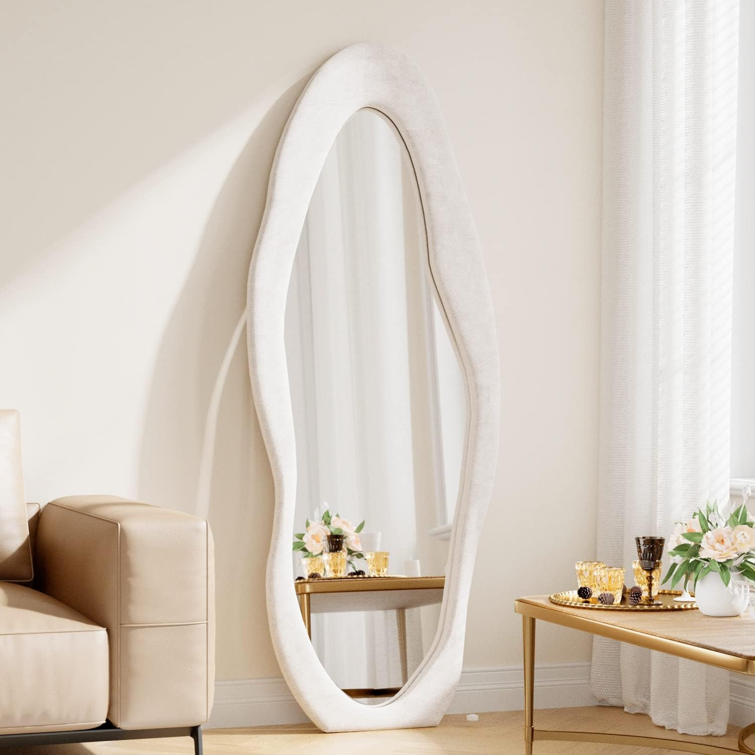 TinyTimes 63" x 24" Full Length Mirror with Stand, Floor Mirror, Irregular Mirror, Flannel Frame,... | Amazon (US)