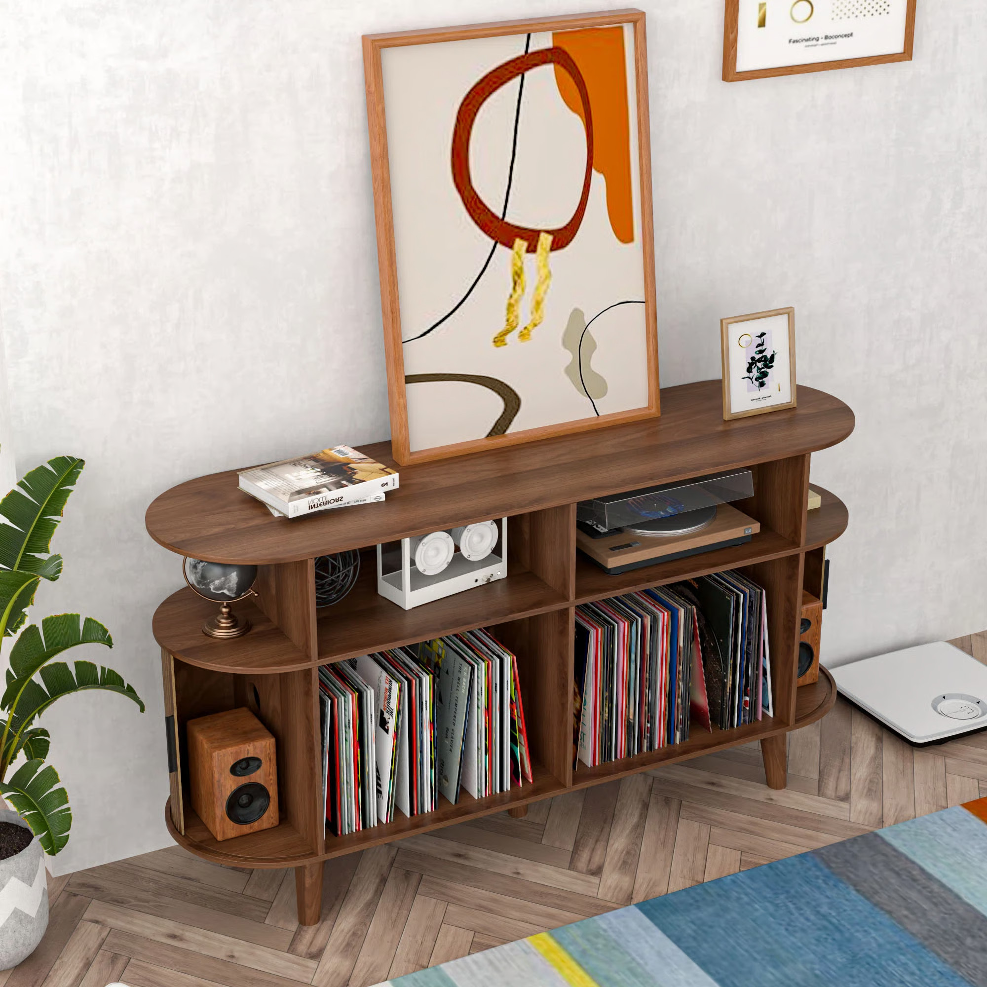 Millwood Pines Ethelrene Large Record Player Stand, Mid-century Turntable Stand With Sliding Door... | Wayfair North America