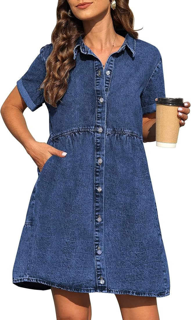 KDF Denim Dress for Women with Pockets Short Sleeve Babydoll Denim Shirt Dresses for Women 2023 | Amazon (US)