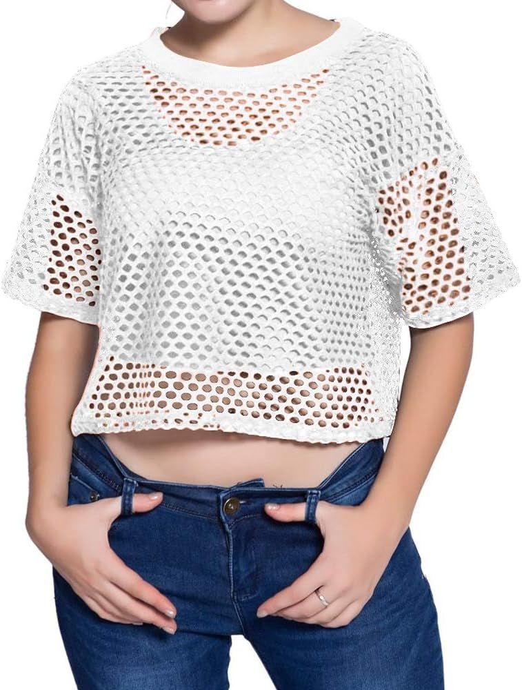 CLOZOZ Women's Mesh Cover Up See Through Fishnet T-Shirt Crop Top | Amazon (US)