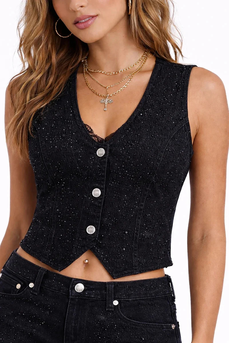 Forever 21 WGA Stretch Denim Vest With Rhinestone Front, Color-Black, Size-S | Walmart (US)