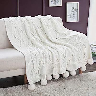 Revdomfly Chenille Knitted Throw Blanket with Pom Poms, Fuzzy & Fluffy Couch Cover Decorative Kni... | Amazon (US)