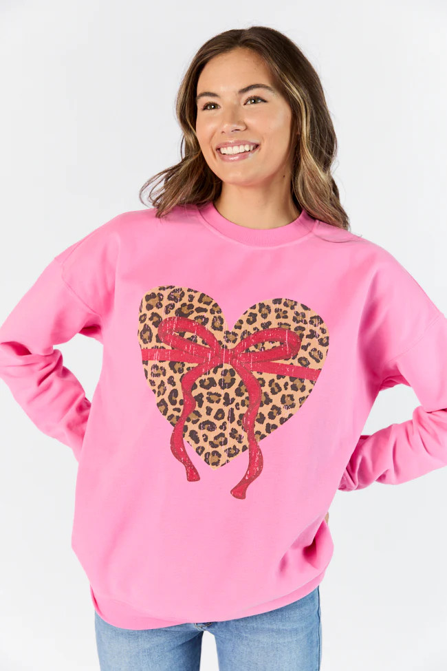 Leopard Heart Red Bow Pink Oversized Graphic Sweatshirt FINAL SALE | Pink Lily