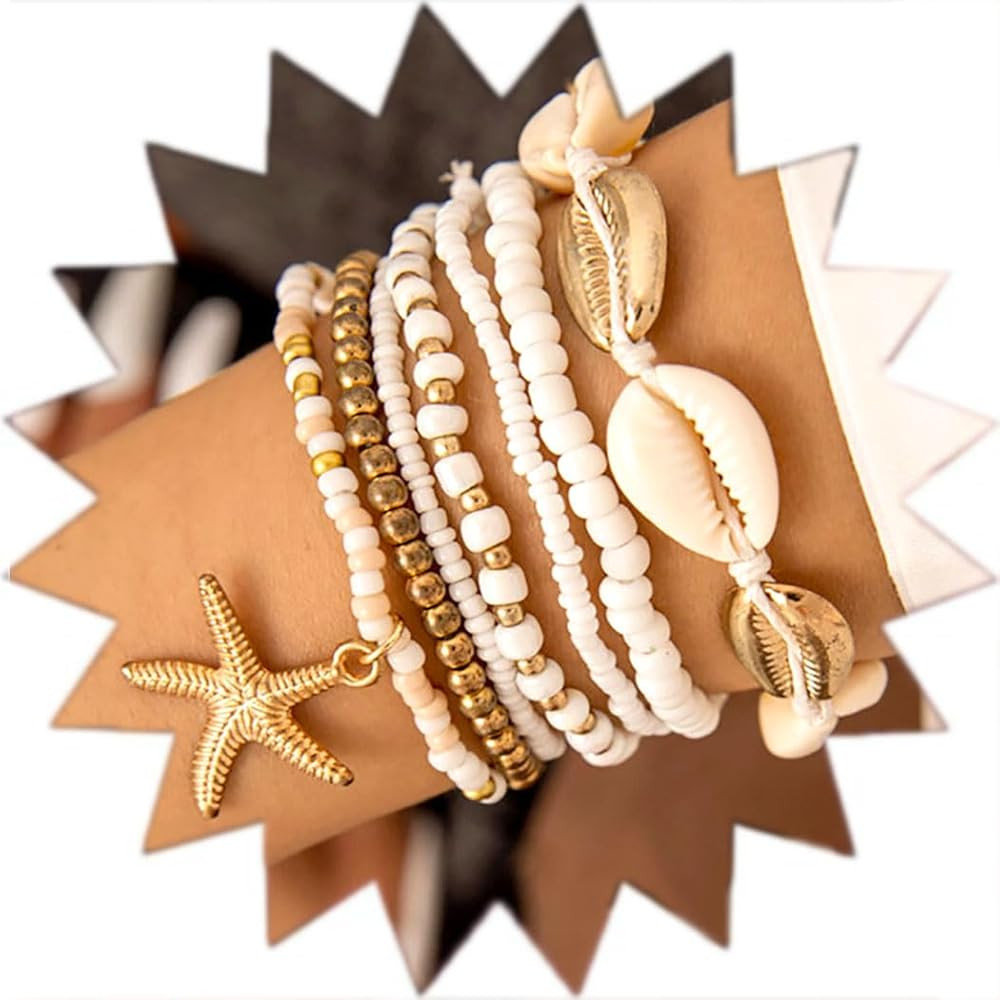 Vinzar Boho Layered Bracelet Set Summer Beach Shell Stretch Bracelets Gold Starfish Beads Surfer ... | Amazon (US)