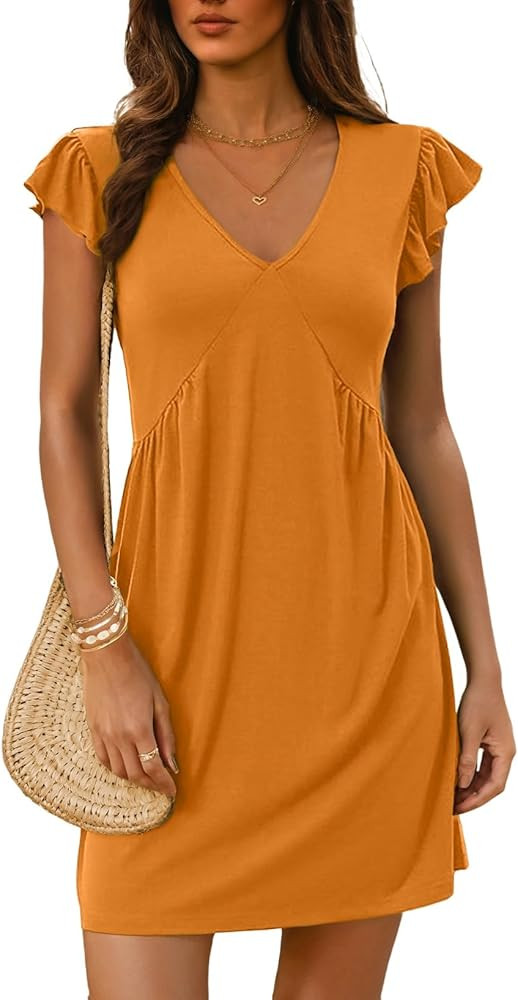 Dokotoo Women's Summer Dresses Beach 2025 Casual Deep V Neck Loose Sundress Ruffle Sleeve Mini Dr... | Amazon (US)