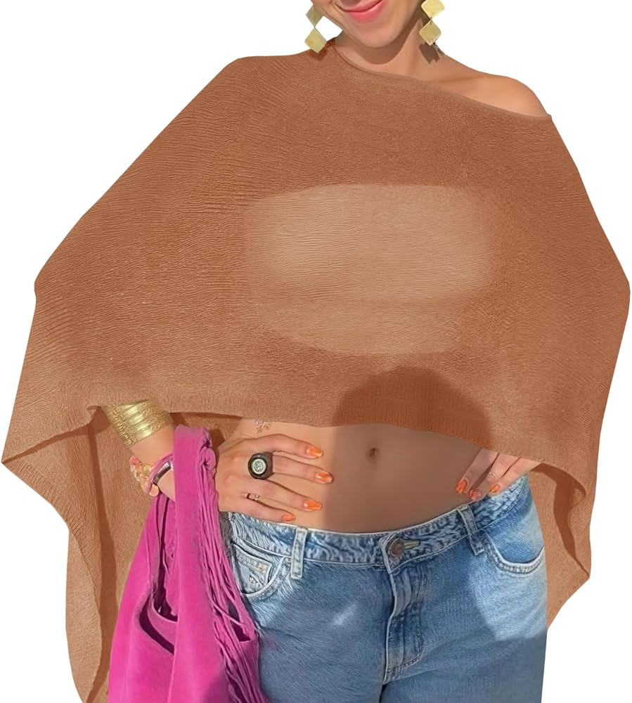 Fisoew Women Sheer Poncho Top Lightweight Knit Crochet Summer Shrug Bolero Off Shoulder Going Out... | Amazon (US)