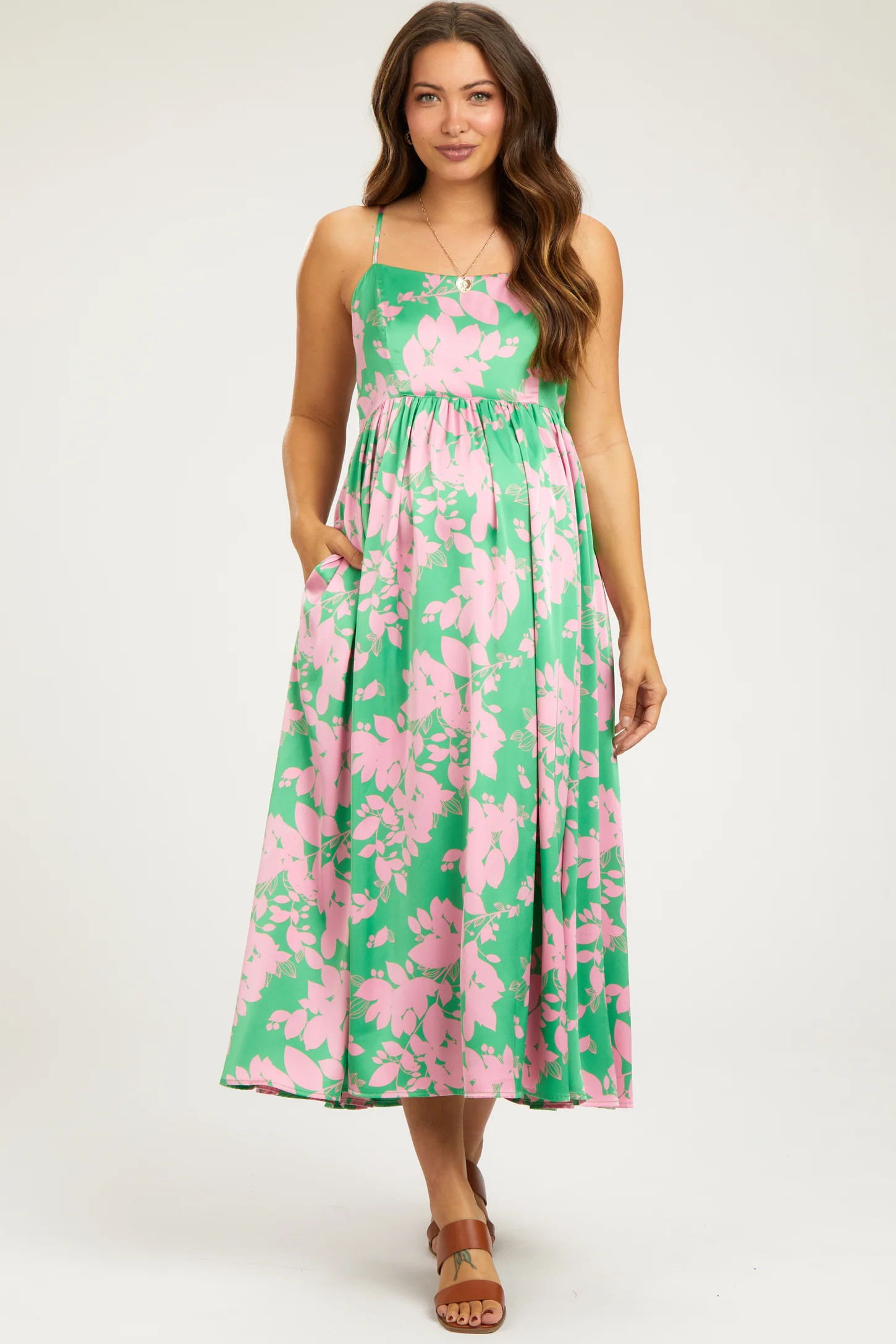 Pink Leaf Print Satin Square Neck Maternity Midi Dress | PinkBlush Maternity
