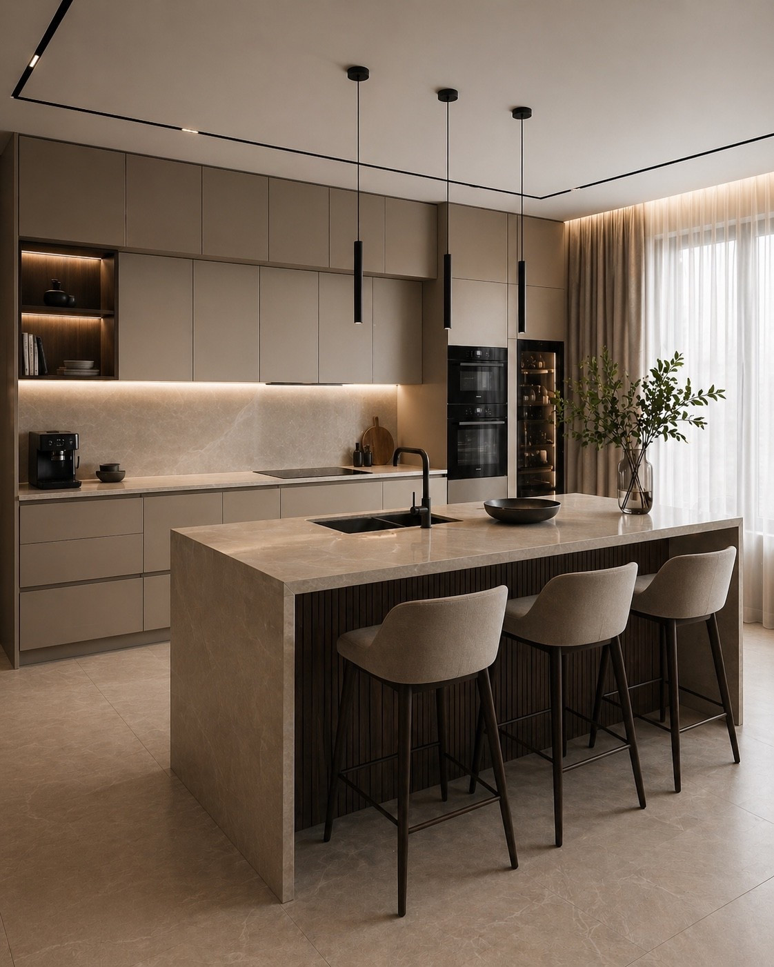 Sleek kitchen with warm neutral tones, clean lines, and a refined modern minimalist feel.

#kitchendesign #modernkitchen #minimalistkitchen #neutralinterior #interiordesign #homedecor #kitchenisland #barstools #modernhome #cleaninteriors #warmminimalism #kitcheninspo #softminimalism #contemporarykitchen #homeinspiration #pinteresthome #ltkhome #eleganthome #sleekkitchen #luxurykitchen