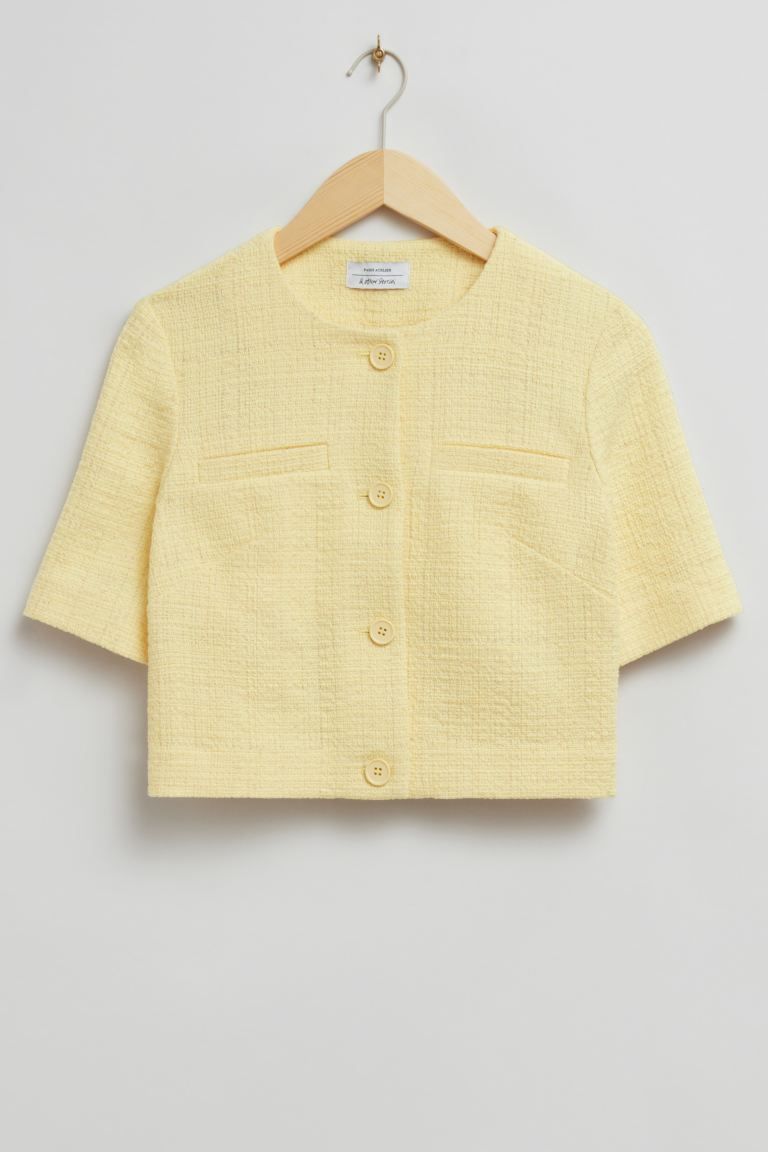 Cropped Short-Sleeve Tweed Top - Light Yellow - Ladies | H&M GB | H&M (UK, MY, IN, SG, PH, TW, HK)