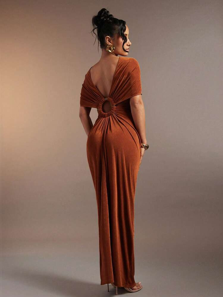 Hauture Women's Sexy High Neck Ruched Maxi Dress With Stylish Ring Decor | SHEIN