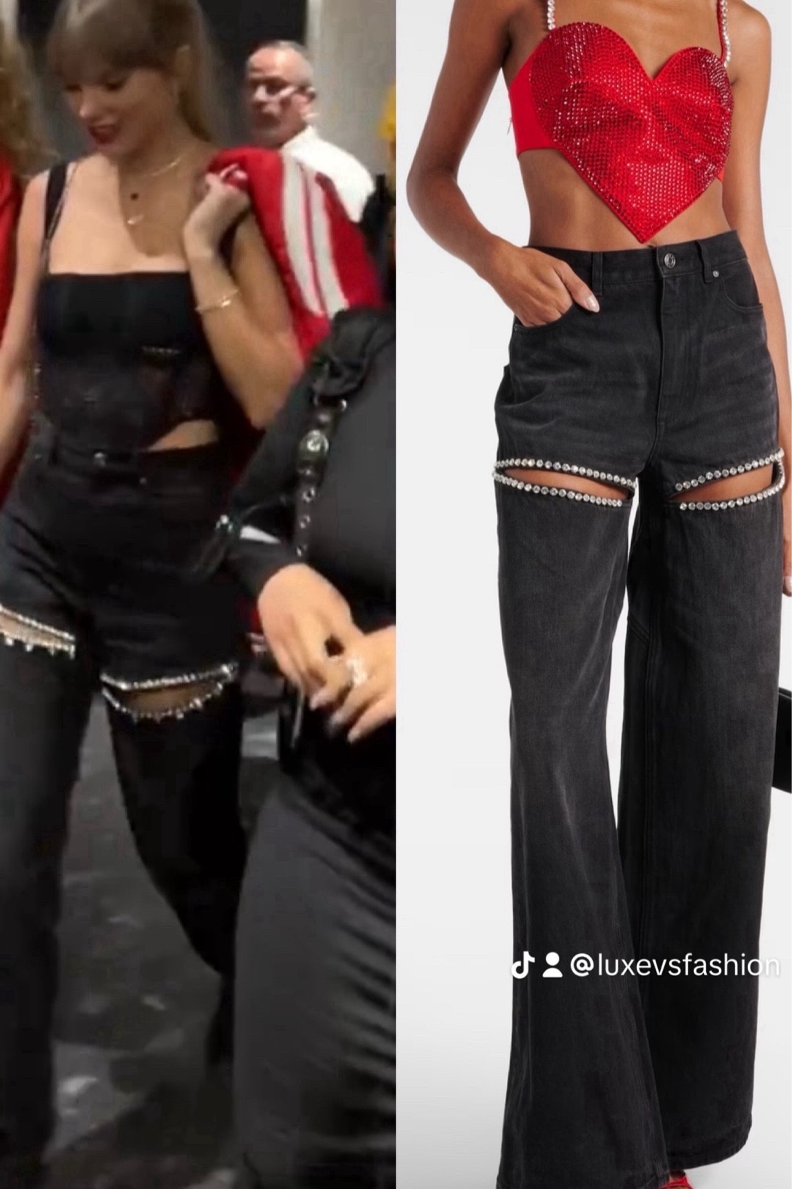 Taylor swift crystal split jeans Super Bowl outfit, ripped jeans 

#LTKstyletip #LTKMostLoved